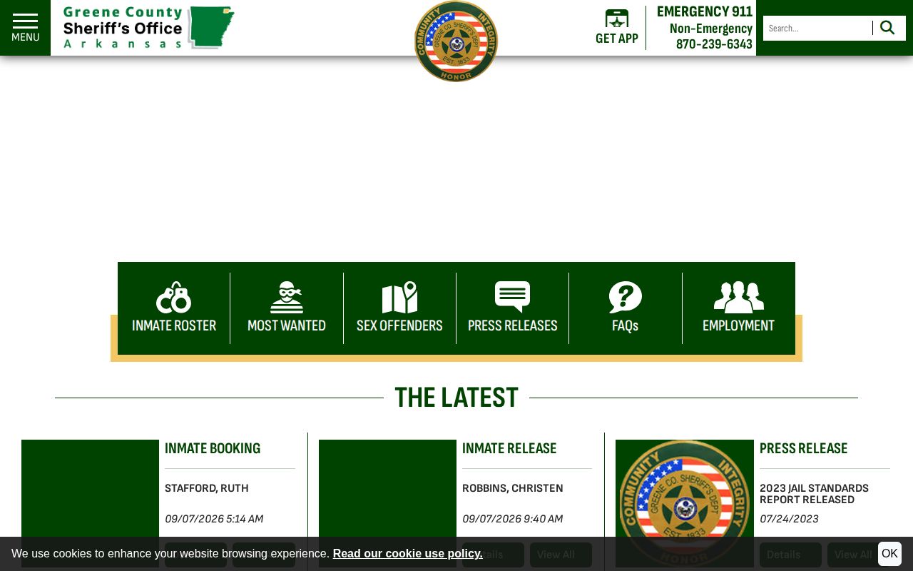 Greene County Sheriff homepage with latest inmate booking area