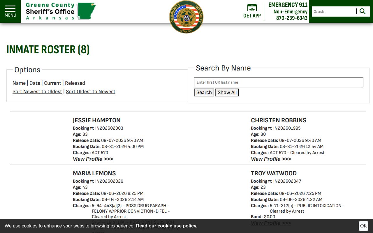 Greene County official 48 Hour Release roster view
