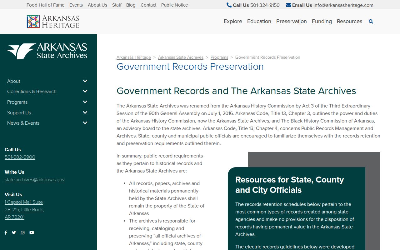 Arkansas State Archives government records preservation page