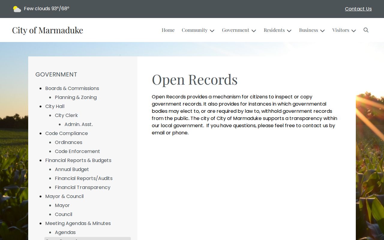 Marmaduke official open-records webpage for municipal record requests